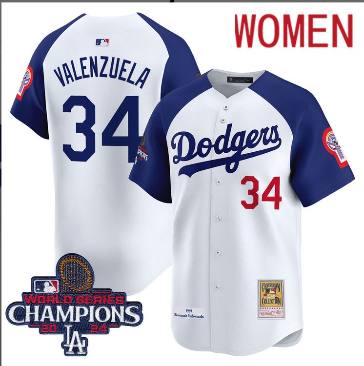 Women MLB Los Angeles Dodgers #34 Valenzuela white 2024 World Series Champions Patch Cooperstown Jersey style 2